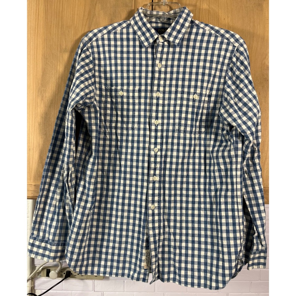 Polo Ralph Lauren Button Down Men Large Blue Gingham Check Naval Reserve Utility